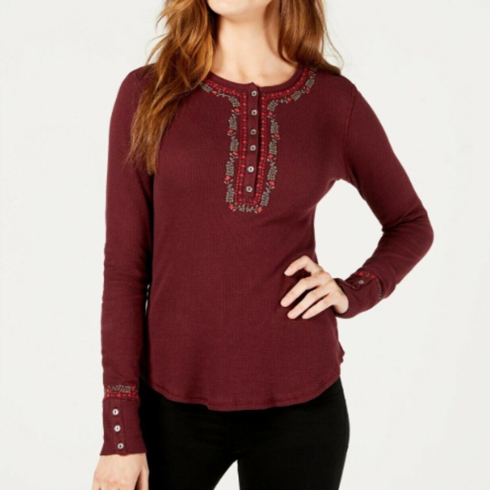 Lucky Brand Novelty Embroidered Henley Top Blouse